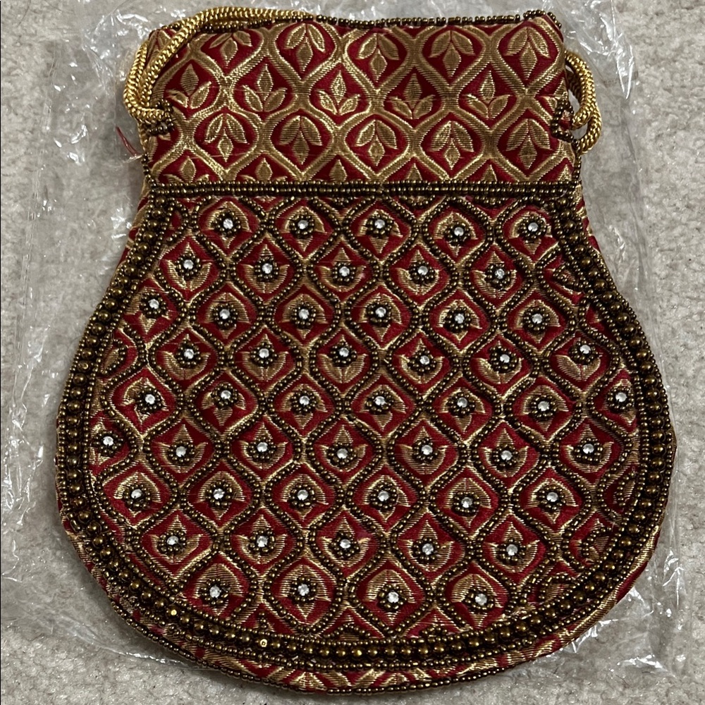Handcrafted Red and Gold Drawstring Women’s Bag
